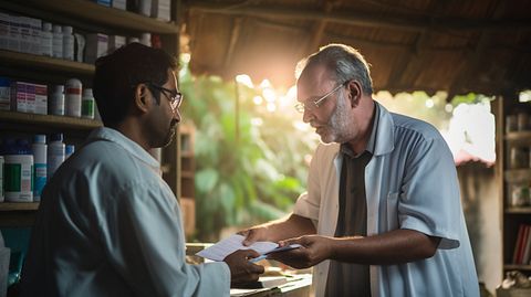 A village pharmacist fulfilling a patient's medication prescription in a rural area.