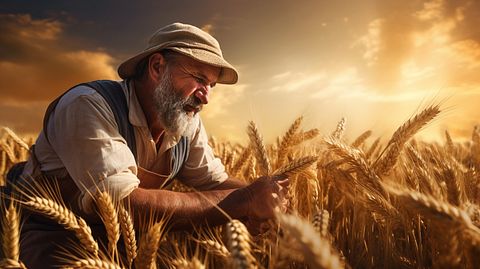 A farmer in an agricultural field, harvesting crops enhanced with improved traits.