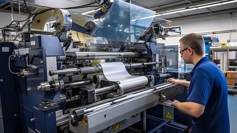 A technician operating state of the art machines manufacturing specialized packaging materials.