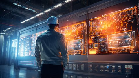 An engineer standing in front of a detailed control panel with the logo of the electric utility in the background, highlighting the innovation and technical expertise of the company.