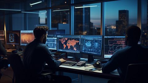 A modern software engineering team, huddled around their desks, discussing a software solution.