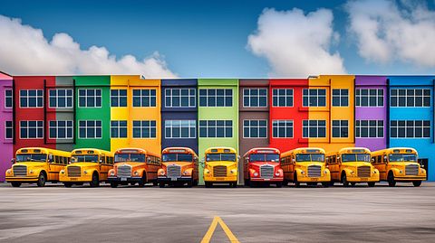 A group of school buses lined up in front of a large building, painted in bright colors.