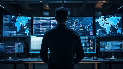 A network engineer solving complicated system issues on a big display monitor.