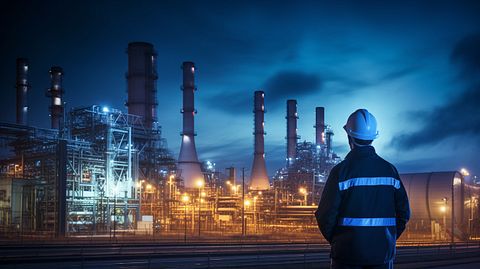 A technician surveying a substation site, showing the large scale operations the company undertakes.