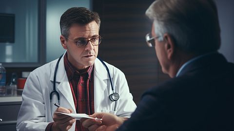 A physician holding a vial of blood and discussing diagnostic options with a patient.